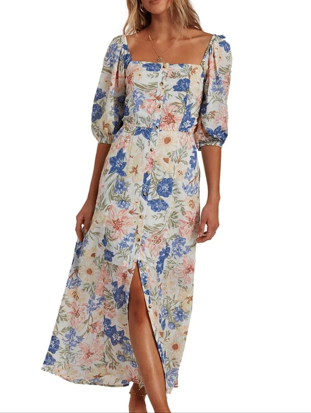 Billabong Floral Midi Dress in Blue, Pink, Green on Cream